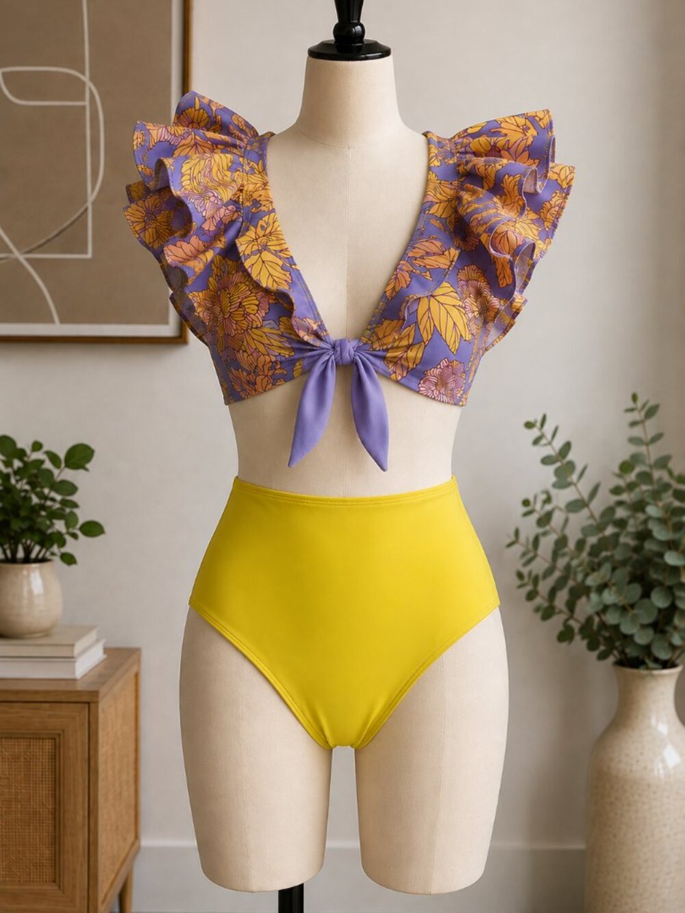Flaxmaker Floral Ruffle Bikini Set in Purple and Yellow- Large